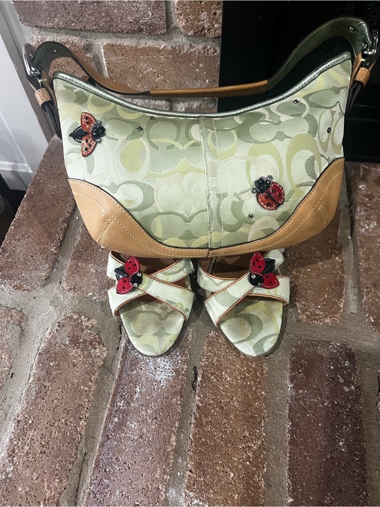 Coach Handbags - Coach Green Signature Canvas Satchel with Tan Trim and Red Ladybug Accents